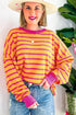 Stripe Trimmed Round Neck Drop Shoulder Loose Sweater